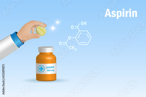 Doctor, pharmacist hand hold aspirin medicine pill with skeletal molecular structure and paracetamol bottle. Pharmaceutical drug for headache and pain relief. 3D Vector 