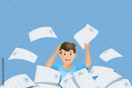 Frustrated man with pile of financial bills. Financial problem, debt, cost of living and bankruptcy. Vector Illustration.