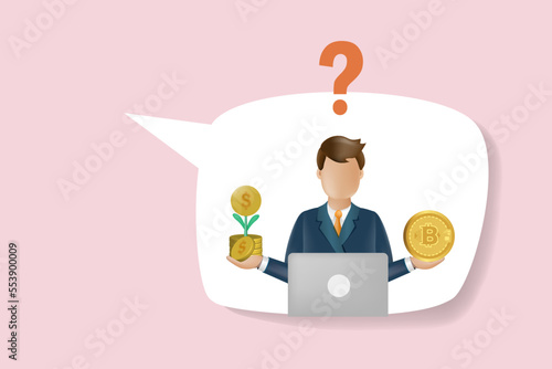 Businessman holding fiat money and Bitcoin. Investment comparison, decision making in financial pro and con between crypto currency and dollar money. Vector Illustration.
