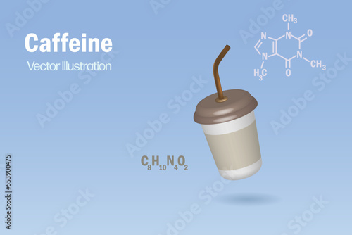 Coffee cup with caffeine skeletal formula molecular structure. Coffee research, foods science, chemistry and biological education concept. 