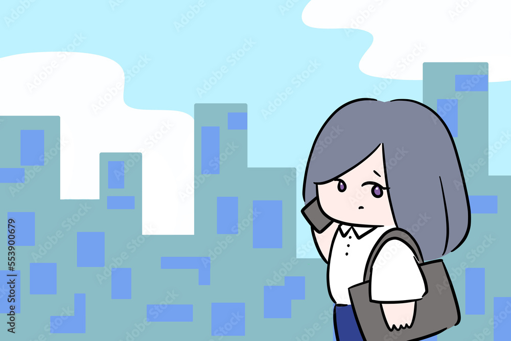 woman in front of the building talking on the phone walk in the city woman one person outside work illustration woman in front of the building talking on the phone walk in the city woman one person outside work illustration