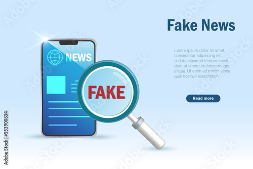 Fakes news in online social media content, publication concept. Hand holding magnifying glass represent fake news in result. 3D realistic vector.