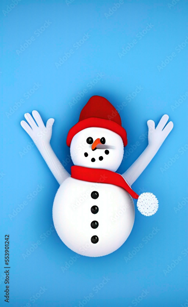 3d rendering. Toy happy snowman. Cartoon character highlighted on a light blue background. Holiday banner. Illustration. Created with the help of artificial intelligence.