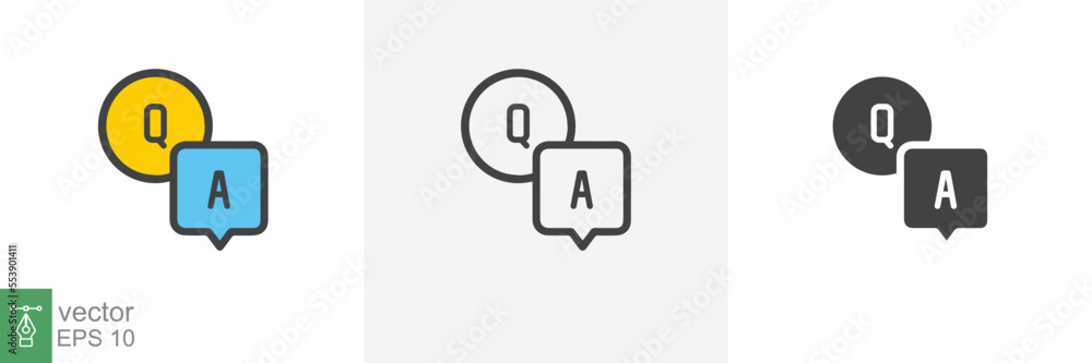 FAQ, questions and answers icon. Line, glyph and filled outline colorful version, Q and A speech outline and filled sign. Symbol, logo illustration. Different style icons set vector graphics. EPS 10. FAQ, questions and answers icon. Line, glyph and filled outline colorful version, Q and A speech outline and filled sign. Symbol, logo illustration. Different style icons set vector graphics. EPS 10.