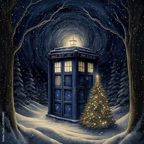 Fototapeta Vintage British Police Box on a Snowy Night in a Magical Winter Clearing next to a Christmas Tree