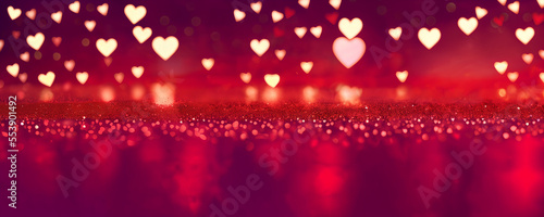 Glowing blurred hearts with red glitter. Romantic Valentine's Day Background. photo