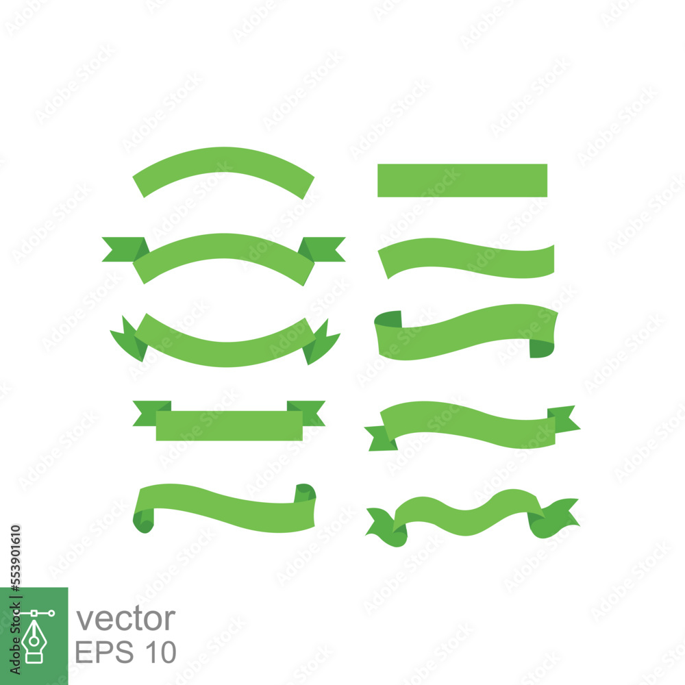 Big green ribbons set. Curve, rolled, curl, peel, empty, blank, banner template. Simple flat style. Green mint with shadow. Vector illustration isolated on white background. EPS 10.