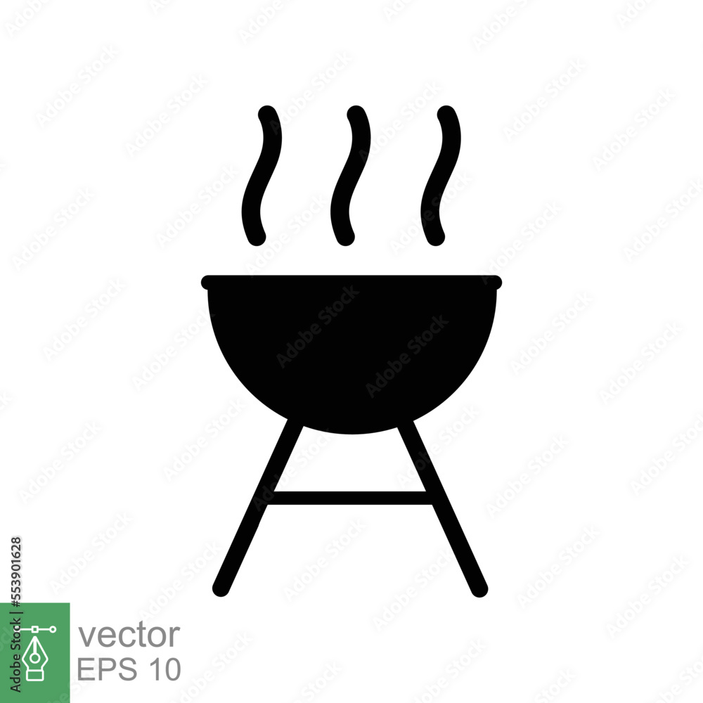 Grill bbq icon. Barbeque, barbecue, summer party, fire and smoke, silhouette symbol, retro, cooking meat, food concept. Simple flat style. Vector illustration isolated on white background. EPS 10. Grill bbq icon. Barbeque, barbecue, summer party, fire and smoke, silhouette symbol, retro, cooking meat, food concept. Simple flat style. Vector illustration isolated on white background. EPS 10.