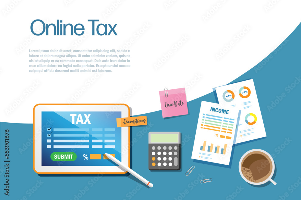 Online income tax filing submitted on smart tablet with documents on working desk top view. Tax time reminder. vector illustration. Online income tax filing submitted on smart tablet with documents on working desk top view. Tax time reminder. vector illustration.