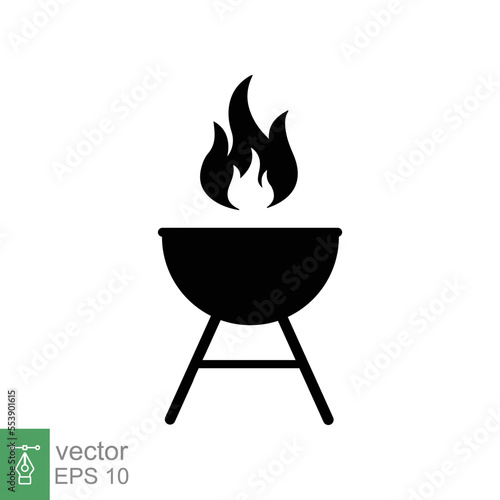 Grill bbq icon. Barbeque, barbecue, summer party, fire and smoke, silhouette symbol, retro, cooking meat,  food concept. Simple flat style. Vector illustration isolated on white background. EPS 10.