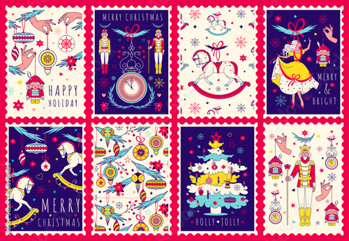 Fototapeta Naklejka Na Ścianę i Meble -  Beautiful stamp collection. Merry Christmas vintage cards with decorations and mystery elegant characters, old ballet fairytail. Retro winter holiday graphic posters.