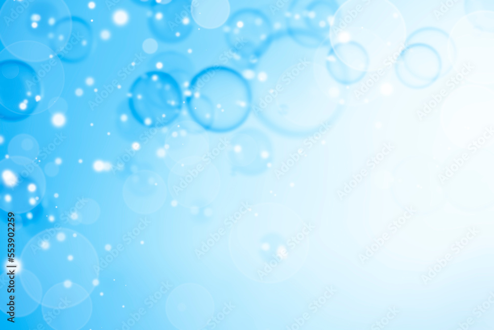 Abstract Beautiful Transparent Blue Soap Bubbles Background. White Gradient. Snowfall Defocus, Blurred Celebration. Freshness Soap Sud Bubble.