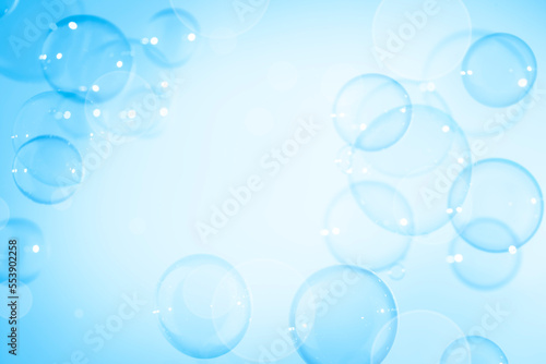 Abstract Beautiful Blue Soap Bubbles Background. Blurred, Defocus White Space. Refreshing Soap Sud Bubbles Water.