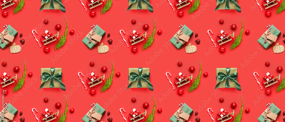 Many Christmas gifts and decor on red background. Pattern for design