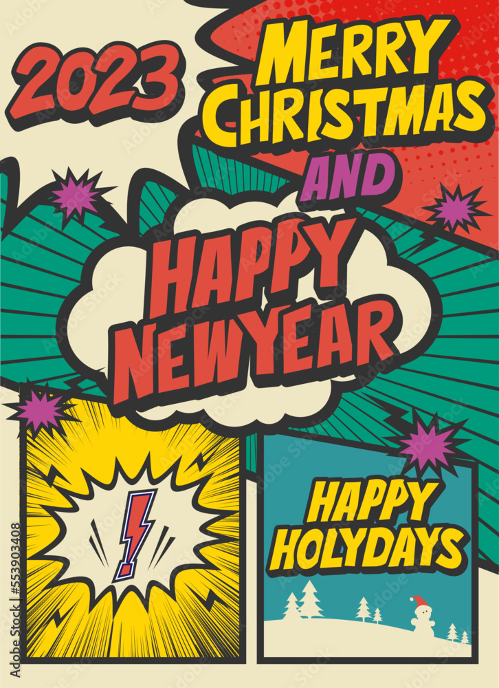 Merry Christmas and Happy New Year retro typography pop art background, an explosion in comic book style.