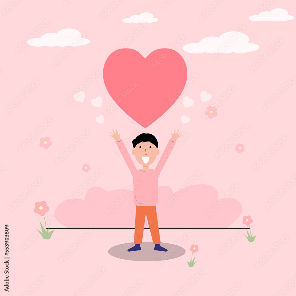 Vector illustration man show balloon heart with the lover smile stand in garden valentine's concept Vector illustration man show balloon heart with the lover smile stand in garden valentine's concept