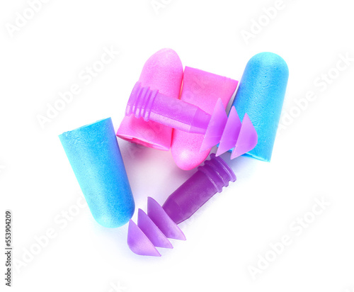 Different ear plugs isolated on white background