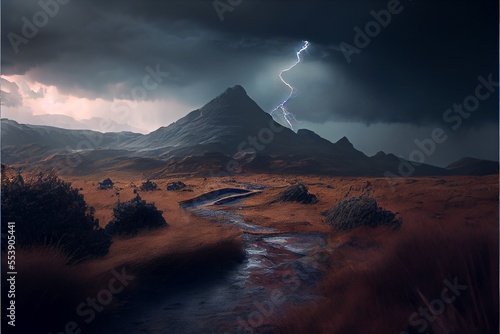 Generative AI render of a thunderstorm in the mountains