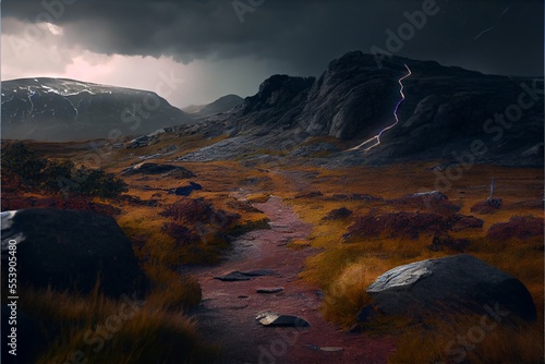 Generative AI render of a thunderstorm in the mountains