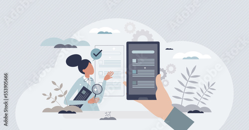 Quality assurance engineering with software control tiny person concept. IT process testing and satisfaction monitoring vector illustration. Management, development, operation and maintenance IT work.
