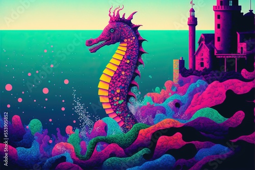Colorful giant seahorse aquatic dragon creature in the ocean - mythical aquatic sea monster, cartoon stylized illustration art. © SoulMyst
