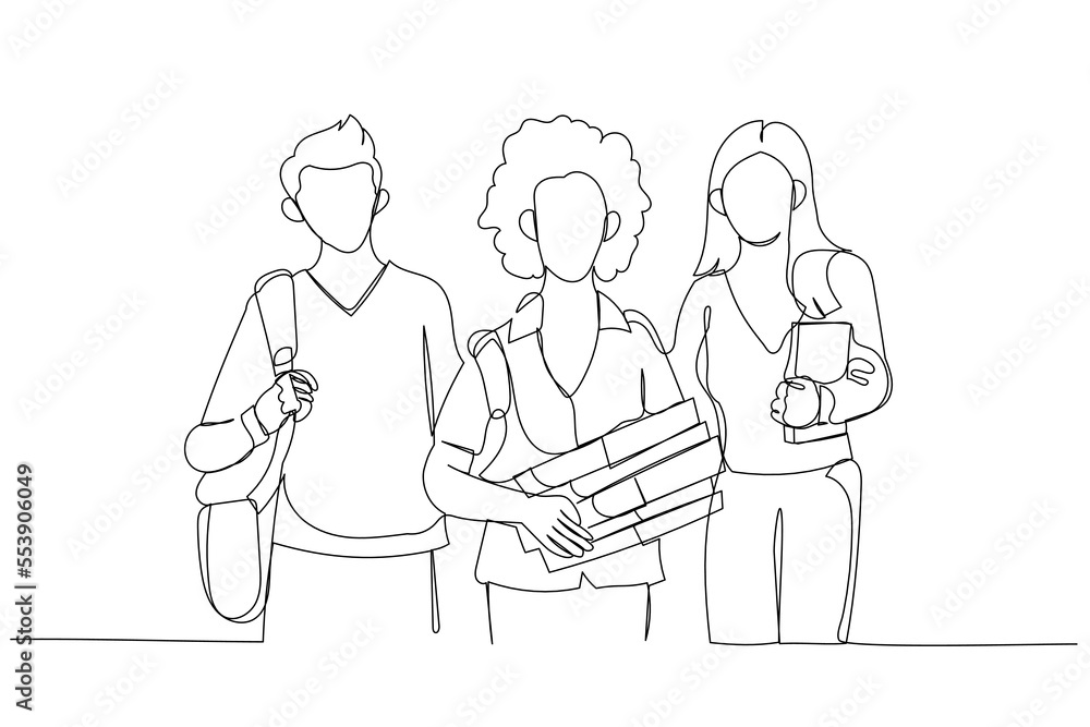 Cartoon of happy group of students holding notebooks outdoors. One line art style