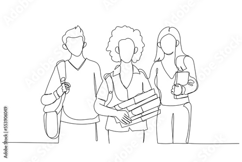Cartoon of happy group of students holding notebooks outdoors. One line art style