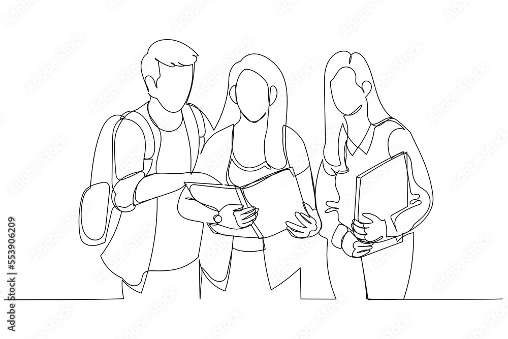 Illustration of three students learning reading a notebook and commenting in the street. Single line art style