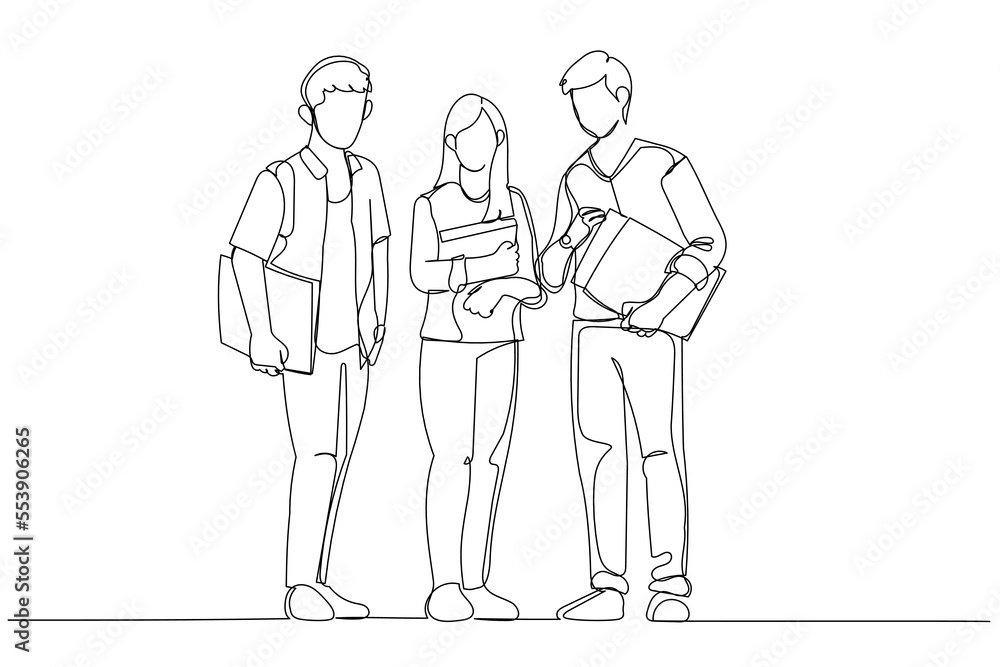 Cartoon of students friends standing together. One line art style