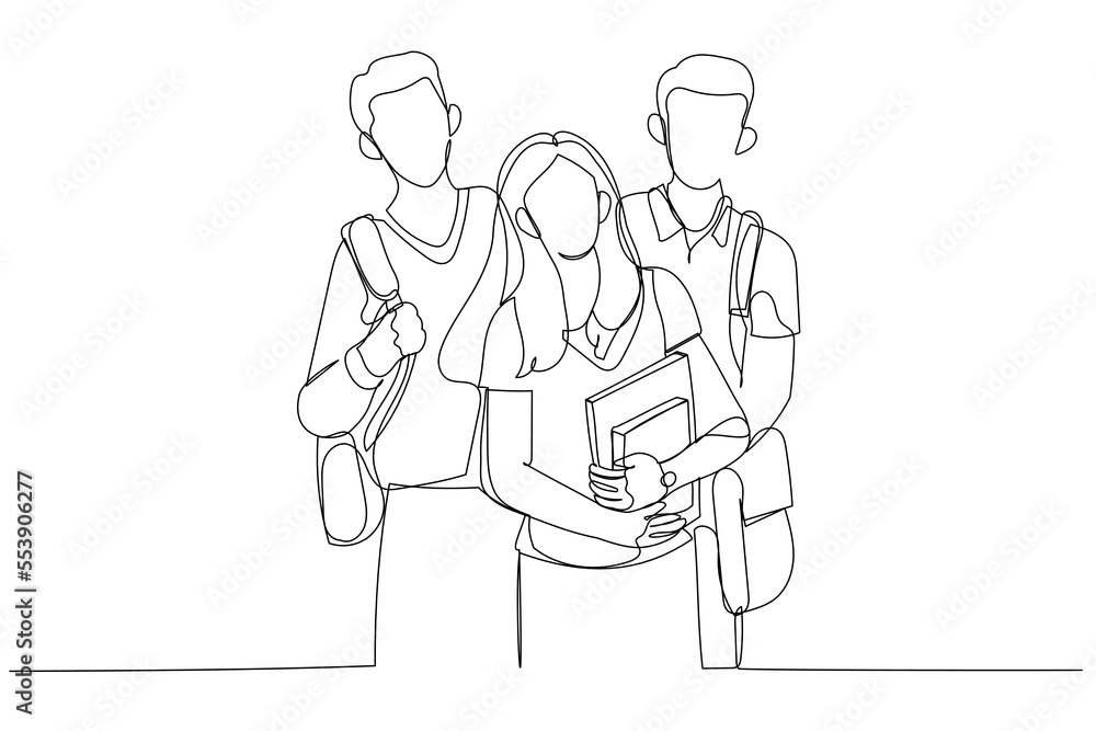 Illustration of three happy students standing together with fun. Single line art style