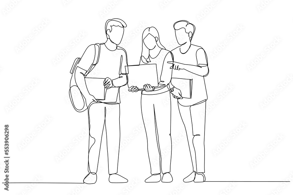 Drawing of portrait of young students with laptop discussing homework. Single continuous line art style