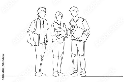 Cartoon of students friends standing together. One line art style