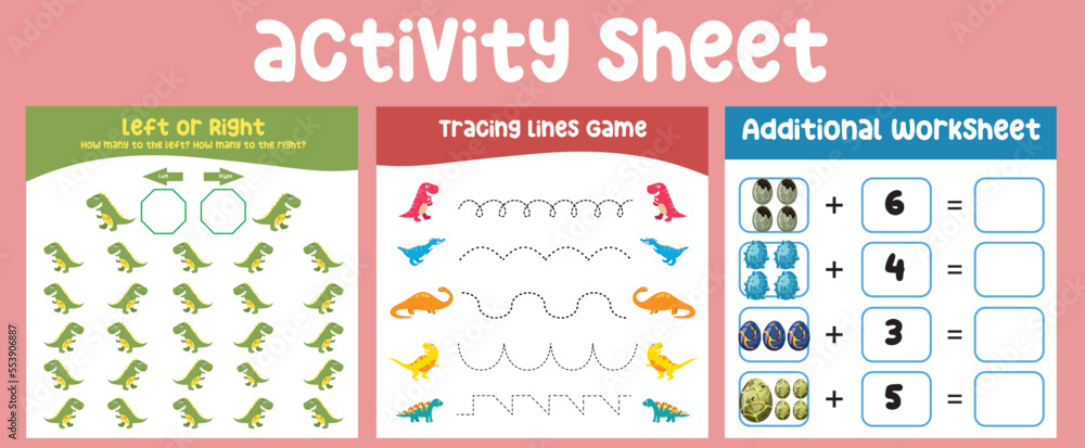 Naklejka premium Bundle activity kit for toddlers with the prehistoric animal theme. Printable activity worksheet for children with cute Dinosaurs theme. Kawaii vector illustration dino. 