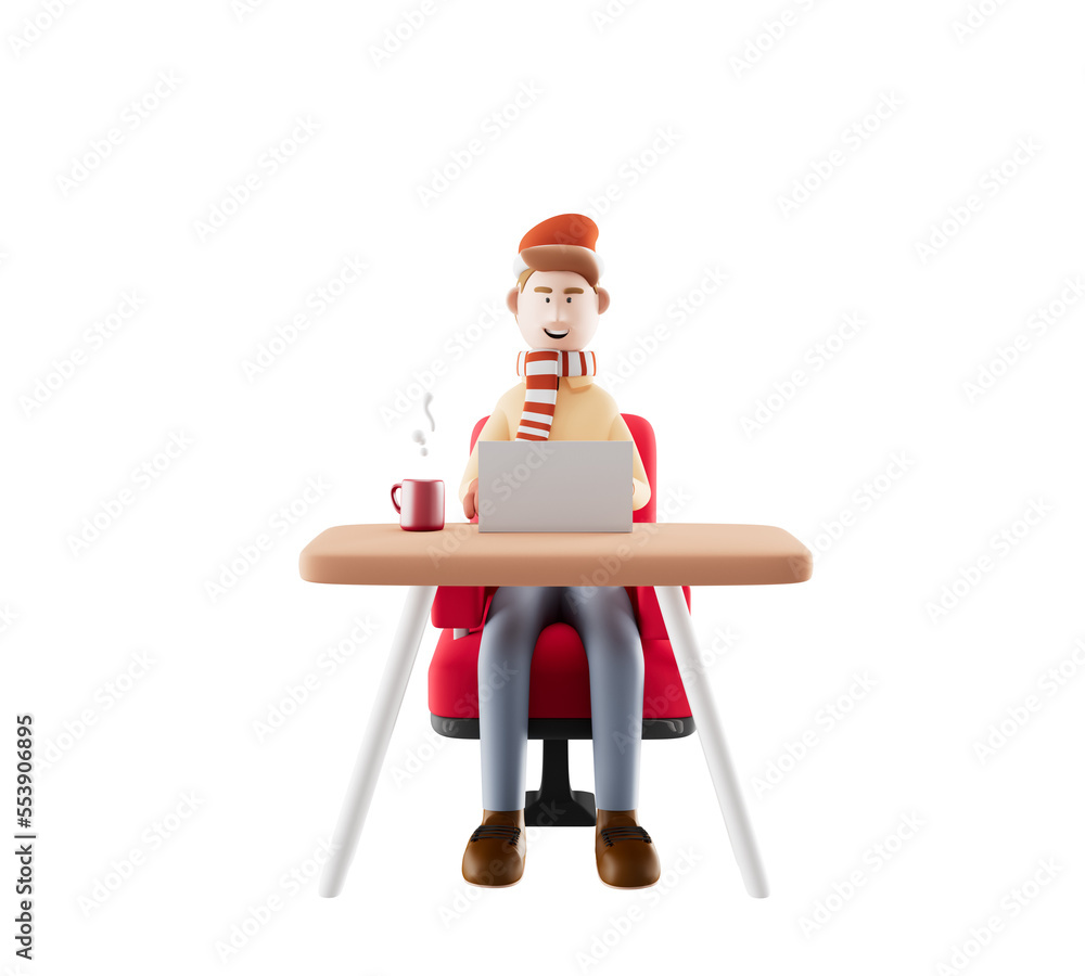 3D illustration of smiling cute man working at the desk in modern office.winter concept. 3D illustration of smiling cute man working at the desk in modern office.winter concept.