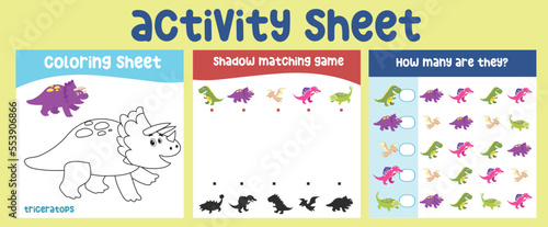 Bundle activity kit for toddlers with the prehistoric animal theme. Printable activity worksheet for children with cute Dinosaurs theme. Kawaii vector illustration dino. 