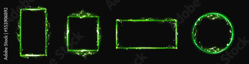 Electric lightning frames. Rectangle, square and circle borders with green thunderbolt strikes and neon glowing isolated on black background, vector realistic set