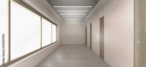 Hospital corridor interior with closed doors, windows and ceiling lamps. Empty hallway with beige walls in apartment house, hotel, school or clinic, vector realistic illustration