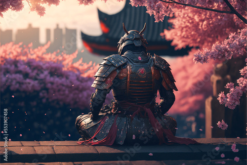 a lone samurai sitting under a whistling pink sakura art