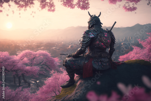 a lone samurai sitting under a whistling pink sakura art