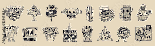 Y2k monochrome stickers retro rave psychedelic patches pack. Trippy mushrooms, robot, skull, burger monster and skating dinosaur. Vintage tape, money, pager and vinyl disks, Cartoon vector icons set