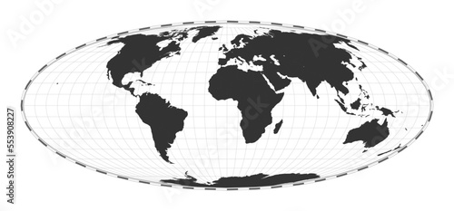 Vector world map. Bromley projection. Plan world geographical map with latitude/longitude lines. Centered to 0deg longitude. Vector illustration. photo