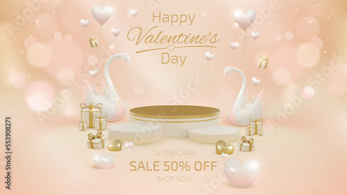 Product display stand with 3d swan love couple elements and gold heart with gift box and pink balloons with ribbon and light effect decoration and bokeh. Valentine's day banner sign.