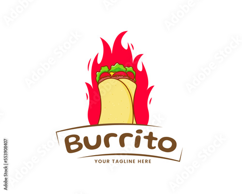 Burrito loco cartoon with flame fire. Mexican Latin American traditional street food. Flat cartoon illustration. Food logo concept design. Isolated white background 