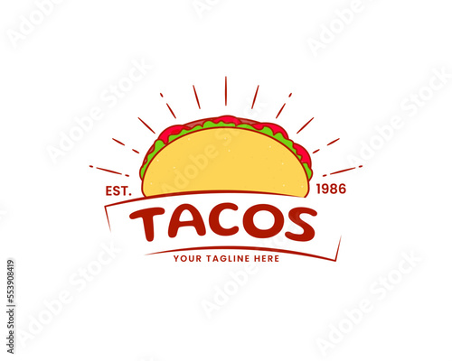 Tacos vintage logo. Mexican traditional street food. Flat cartoon style. Isolated white background. Restaurant fast food logo.