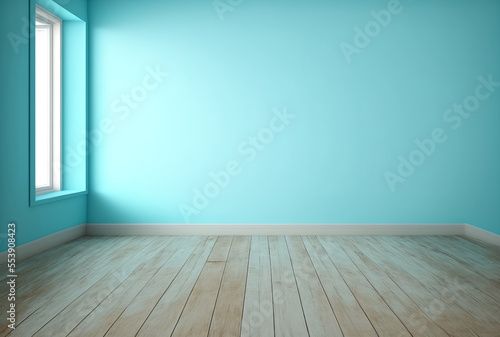 Background of a product pastel blue wall with wooden floor. Generative AI