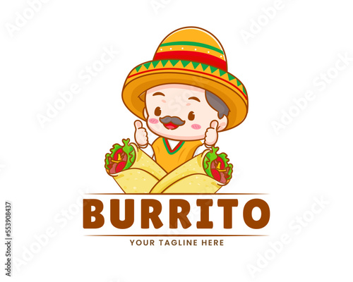 Cute Mexican chef with sombrero hat cartoon character. Burrito icon logo illustration. Mexican traditional street food. 