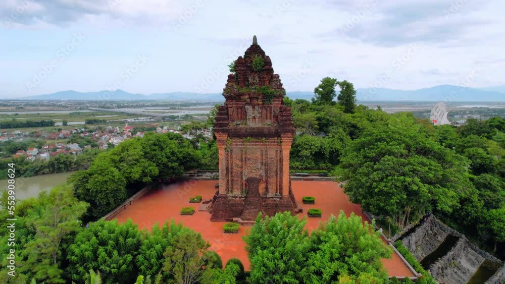 Aerial view Nhan Tower in Phu Yen, Vietnam, tower is an artistic architectural work of Champa people built in 12th century with terracotta and recognized as a national architectural art monument Aerial view Nhan Tower in Phu Yen, Vietnam, tower is an artistic architectural work of Champa people built in 12th century with terracotta and recognized as a national architectural art monument