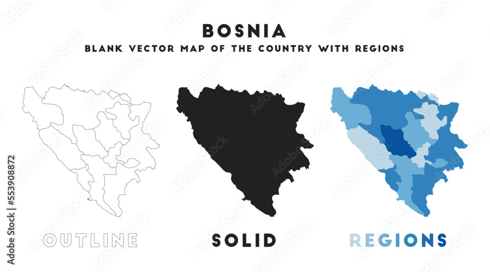 Blank vector map of Bosnia with designs. Borders of Bosnia for your infographic. Vector country shape. Vector illustration. Blank vector map of Bosnia with designs. Borders of Bosnia for your infographic. Vector country shape. Vector illustration.