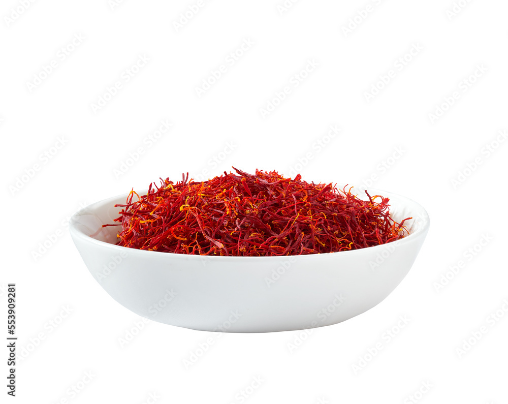 Dried saffron spices in a ceramic bowl isolated on white background. Dried saffron spices in a ceramic bowl isolated on white background.