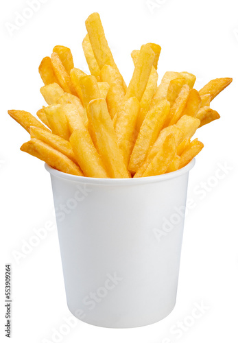 French fries isolate on white background With clipping path.French fries in paper bucket isolated on white background. 